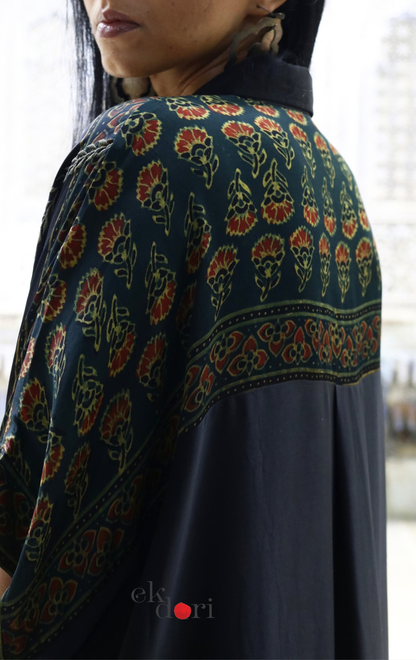 Ajrakh Kaftan Kurta Dress 'Bageecha' : Modal Ajrakh Hand Block Kaftan Kurta Palazzo Set