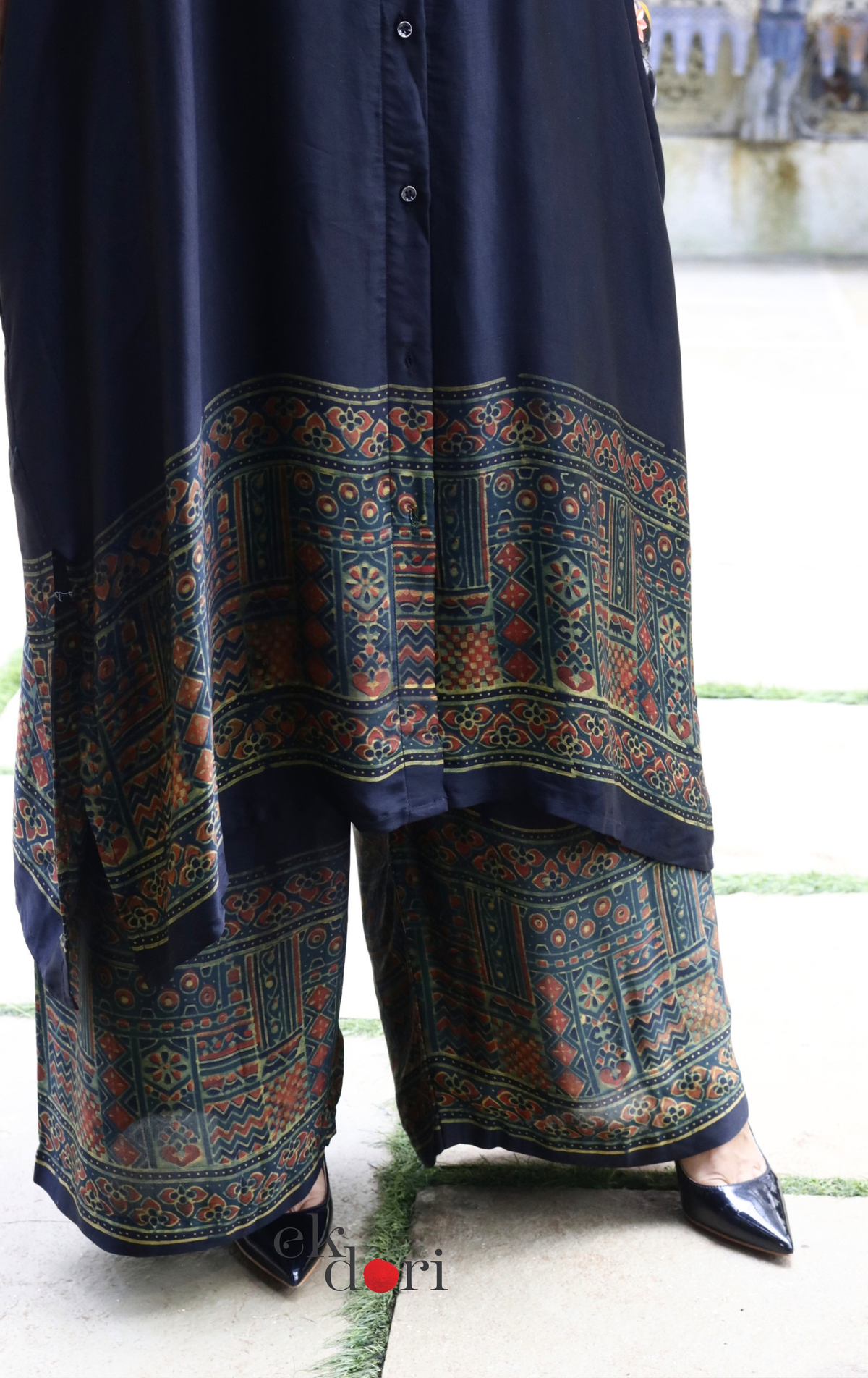 Ajrakh Kaftan Kurta Dress 'Bageecha' : Modal Ajrakh Hand Block Kaftan Kurta Palazzo Set