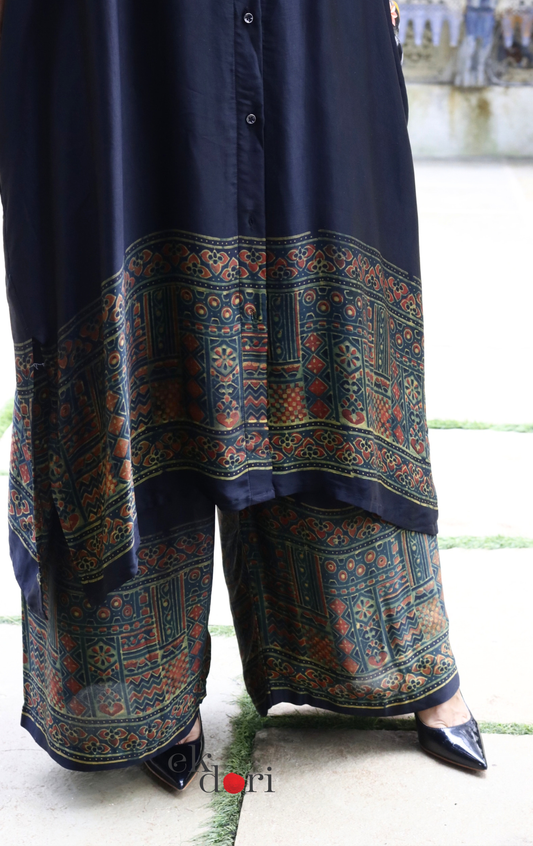 Ajrakh Kaftan Kurta Dress 'Bageecha' : Modal Ajrakh Hand Block Kaftan Kurta Palazzo Set