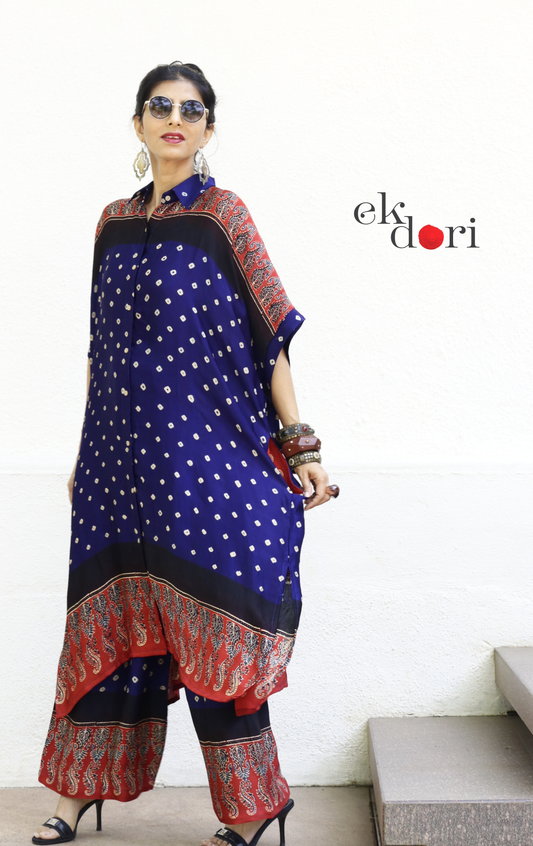 Bandhani Ajrakh Blue Modal Co-ord Set : Buy Kurta Palazzo Modal Co-ord Set 'Sunheri Shaam'