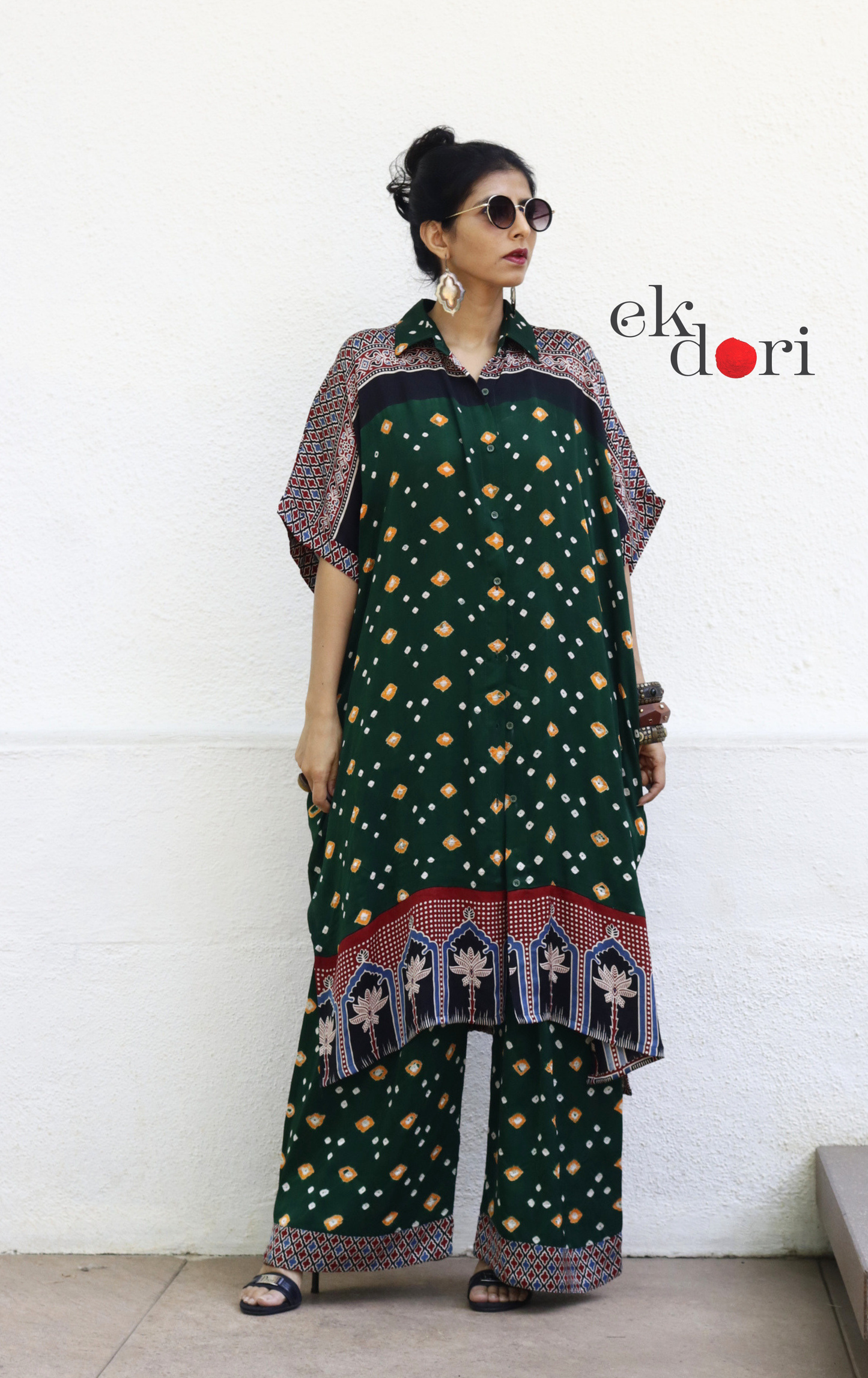 Bandhani Ajrakh Blue Modal Co-ord Set : Buy Kurta Palazzo Modal Co-ord Set 'Forest Sunset'