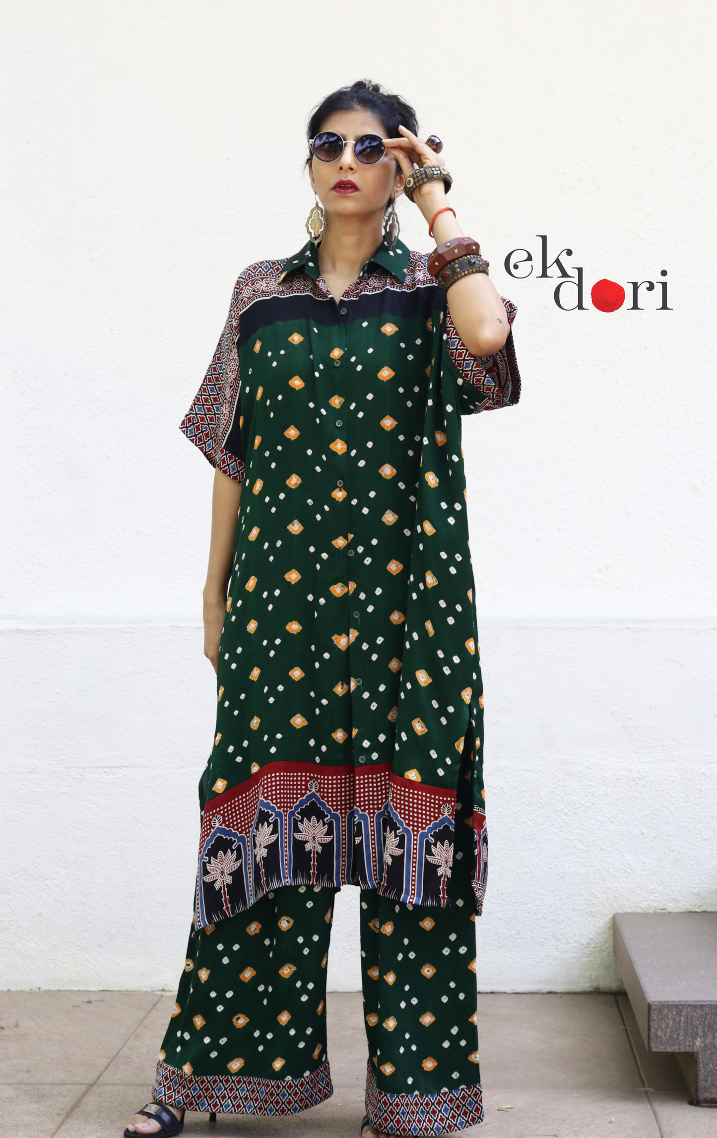 Bandhani Ajrakh Blue Modal Co-ord Set : Buy Kurta Palazzo Modal Co-ord Set 'Forest Sunset'