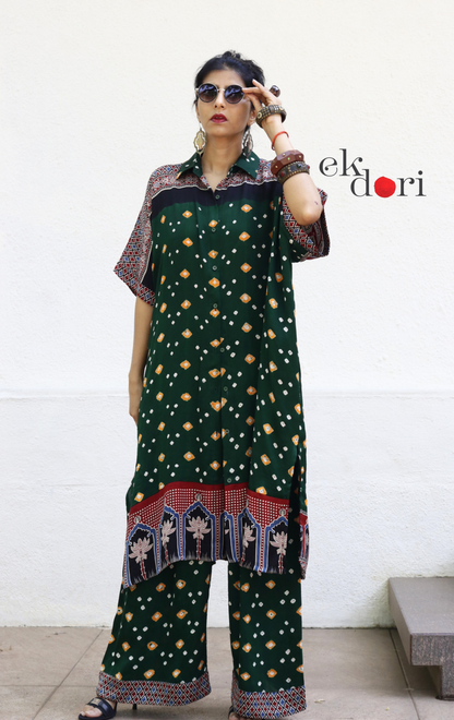 Bandhani Ajrakh Blue Modal Co-ord Set : Buy Kurta Palazzo Modal Co-ord Set 'Forest Sunset'