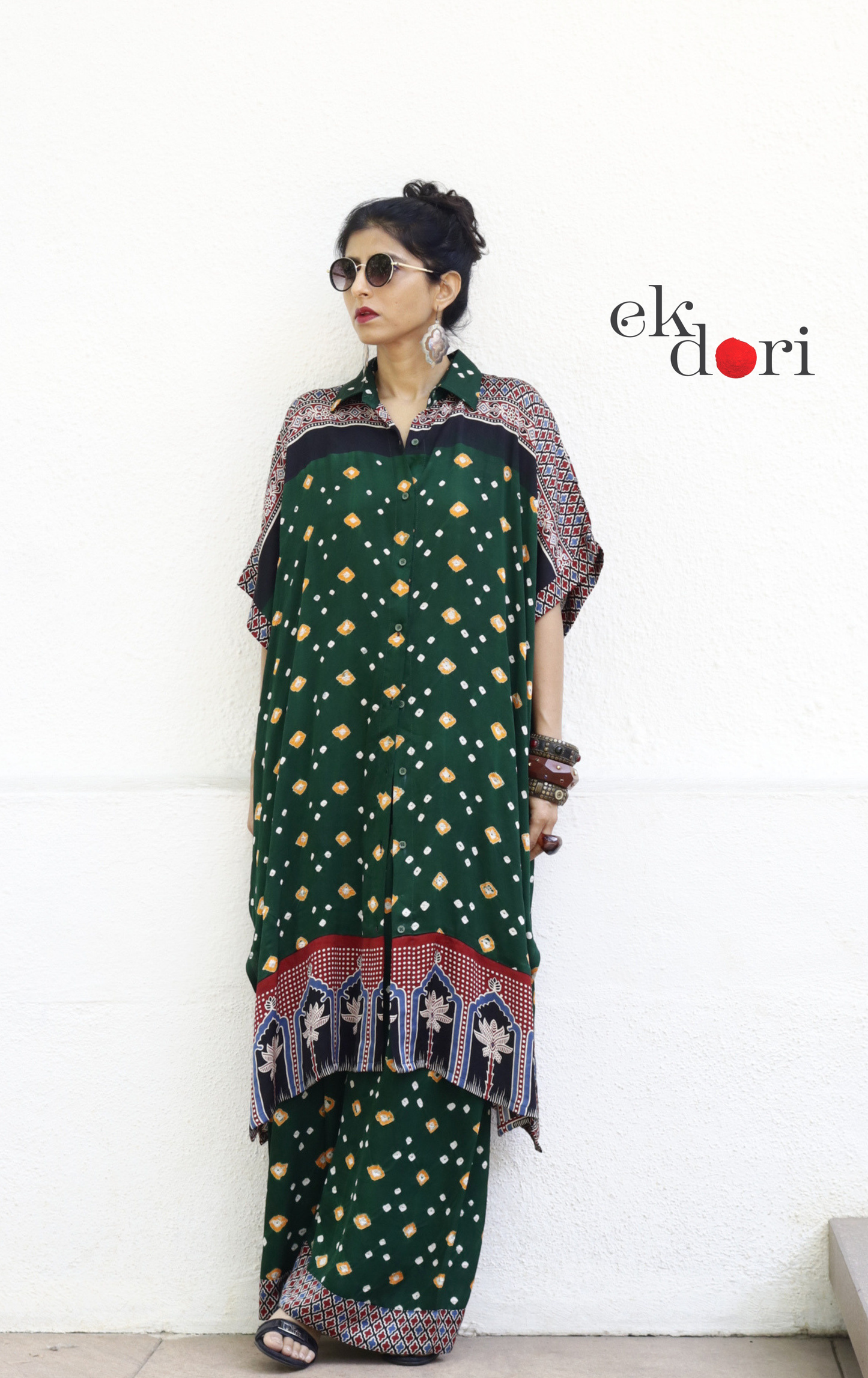 Bandhani Ajrakh Blue Modal Co-ord Set : Buy Kurta Palazzo Modal Co-ord Set 'Forest Sunset'