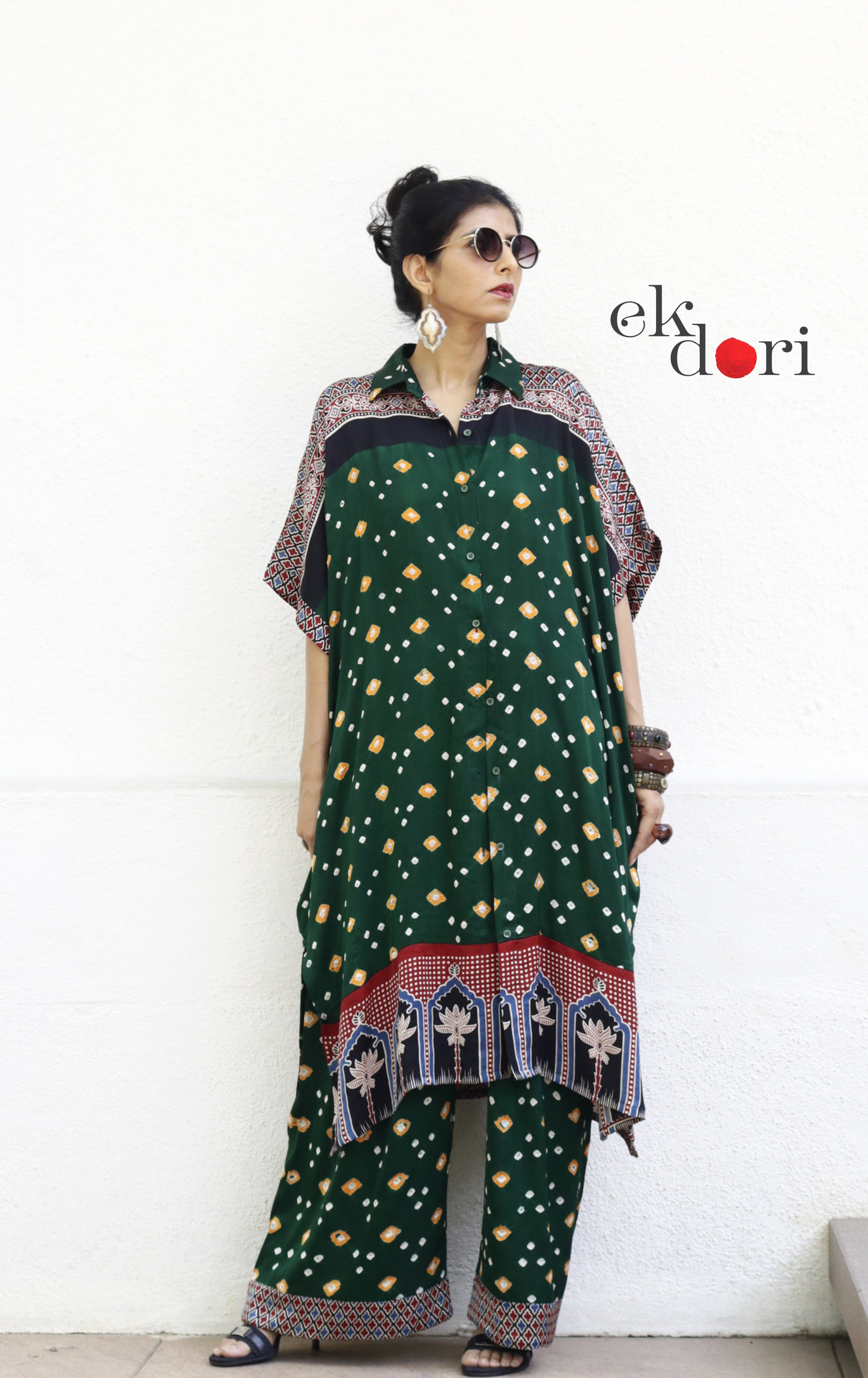 Bandhani Ajrakh Blue Modal Co-ord Set : Buy Kurta Palazzo Modal Co-ord Set 'Forest Sunset'