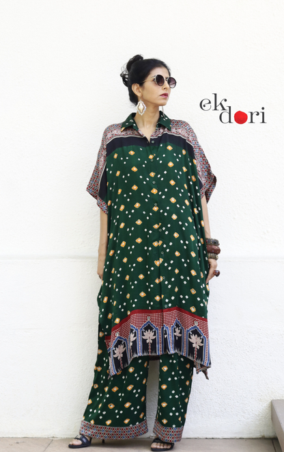 Bandhani Ajrakh Blue Modal Co-ord Set : Buy Kurta Palazzo Modal Co-ord Set 'Forest Sunset'