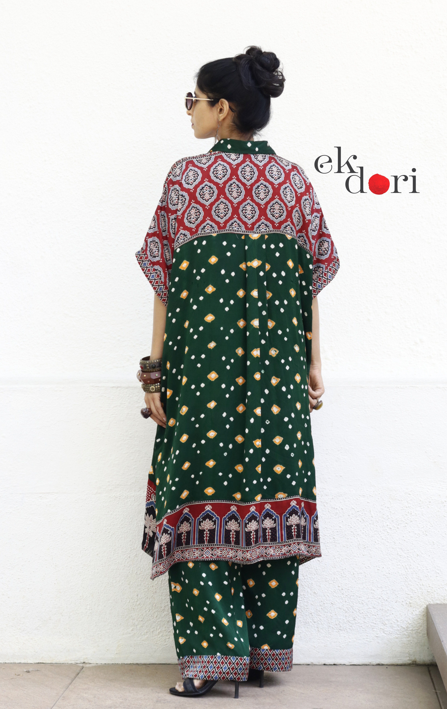 Bandhani Ajrakh Blue Modal Co-ord Set : Buy Kurta Palazzo Modal Co-ord Set 'Forest Sunset'