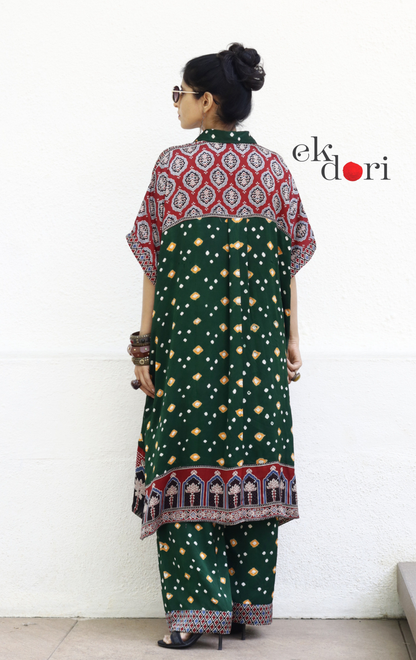 Bandhani Ajrakh Blue Modal Co-ord Set : Buy Kurta Palazzo Modal Co-ord Set 'Forest Sunset'