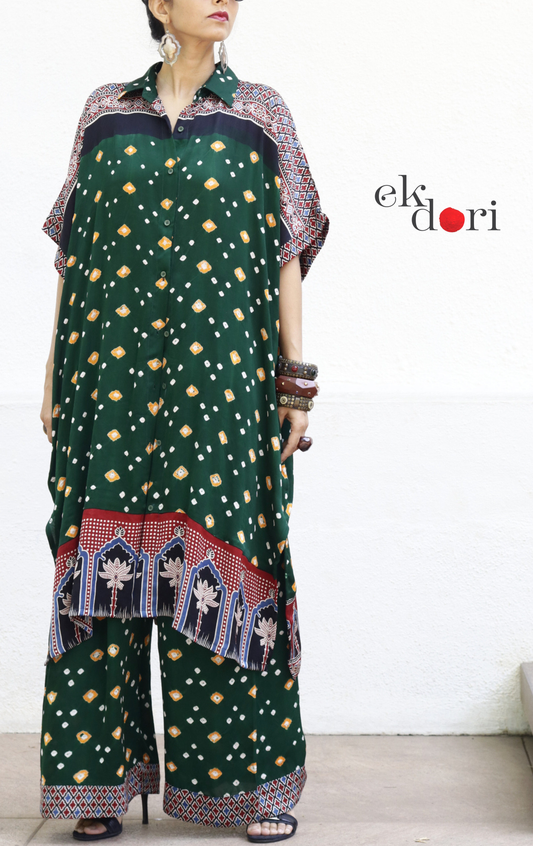 Bandhani Ajrakh Blue Modal Co-ord Set : Buy Kurta Palazzo Modal Co-ord Set 'Forest Sunset'