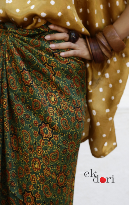 Ajrakh & Bandhani Modal Co-ord Skirt Set 'Green Grass' : 2 Piece Skirt & Bandhani Top Set