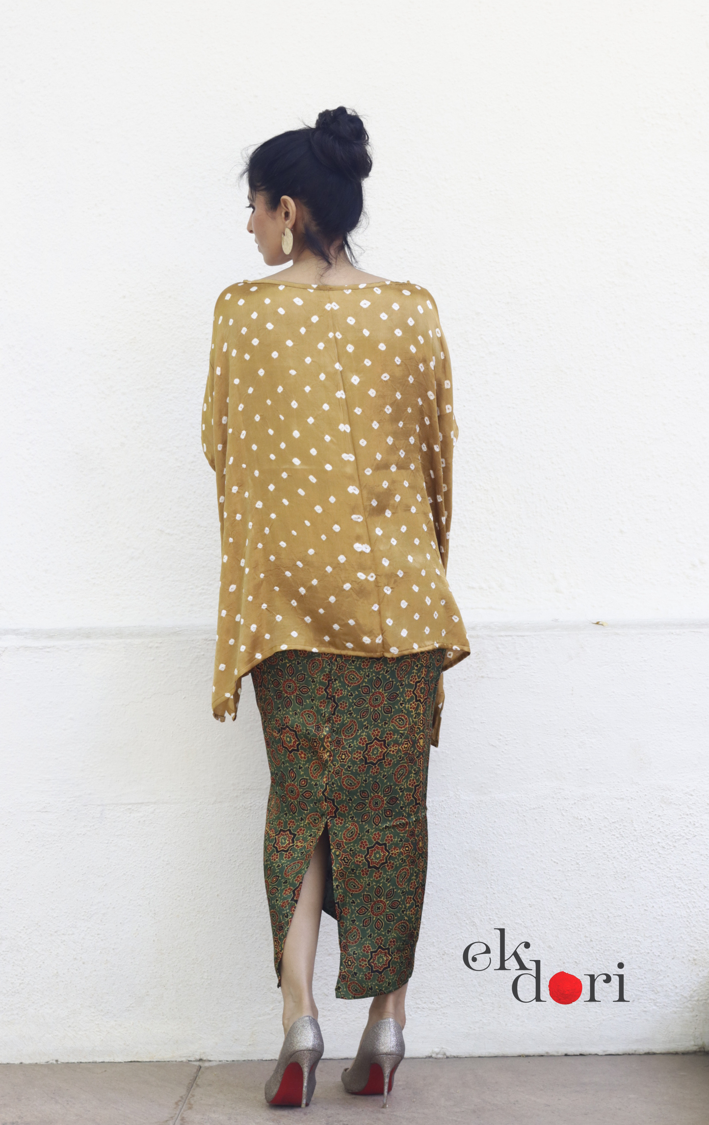 Ajrakh & Bandhani Modal Co-ord Skirt Set 'Green Grass' : 2 Piece Skirt & Bandhani Top Set