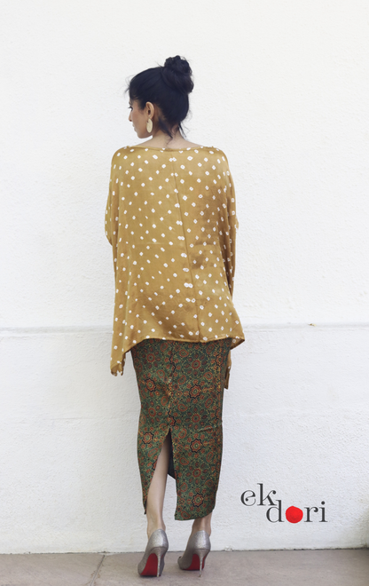 Ajrakh & Bandhani Modal Co-ord Skirt Set 'Green Grass' : 2 Piece Skirt & Bandhani Top Set