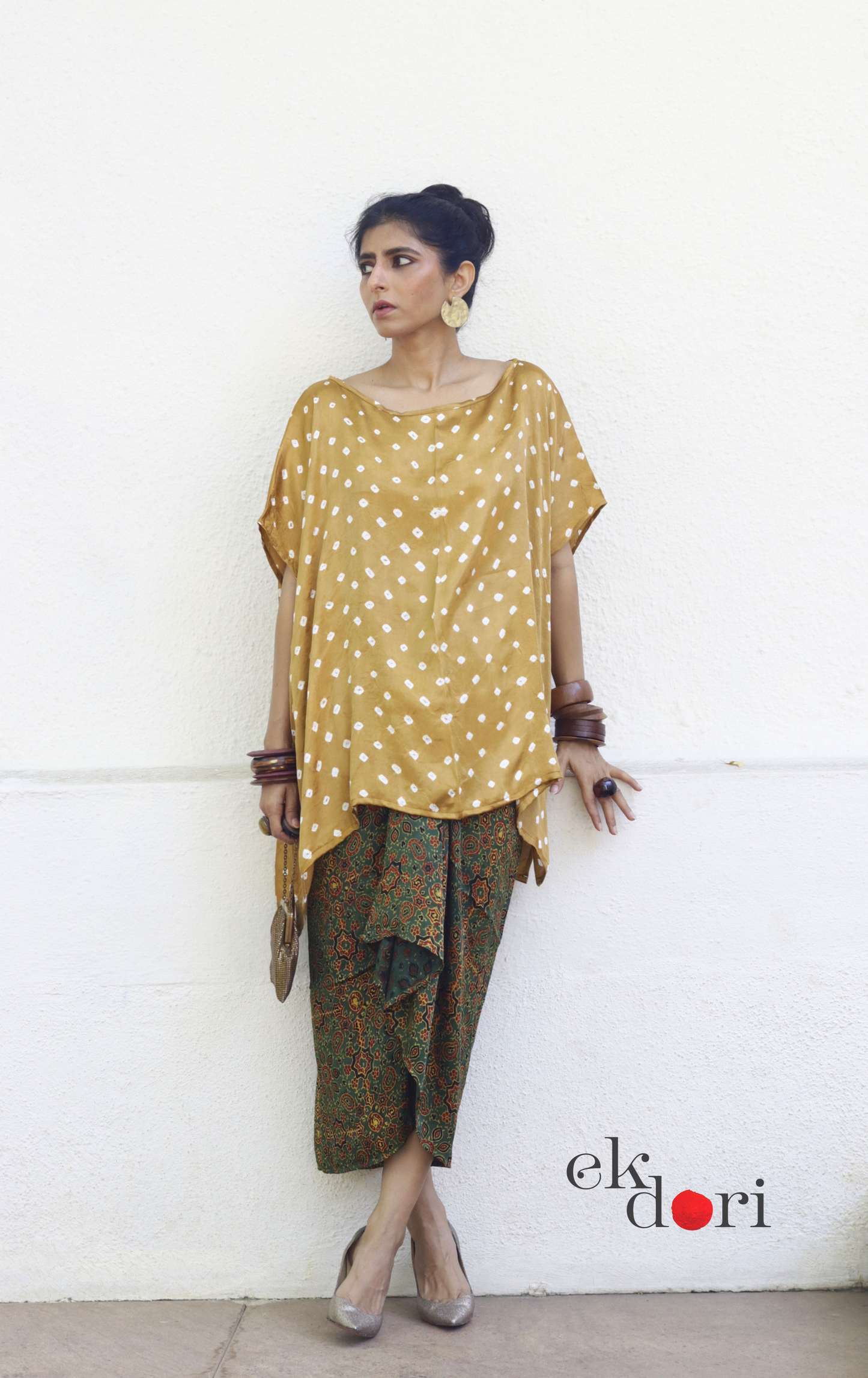 Ajrakh & Bandhani Modal Co-ord Skirt Set 'Green Grass' : 2 Piece Skirt & Bandhani Top Set