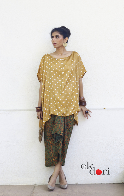 Ajrakh & Bandhani Modal Co-ord Skirt Set 'Green Grass' : 2 Piece Skirt & Bandhani Top Set