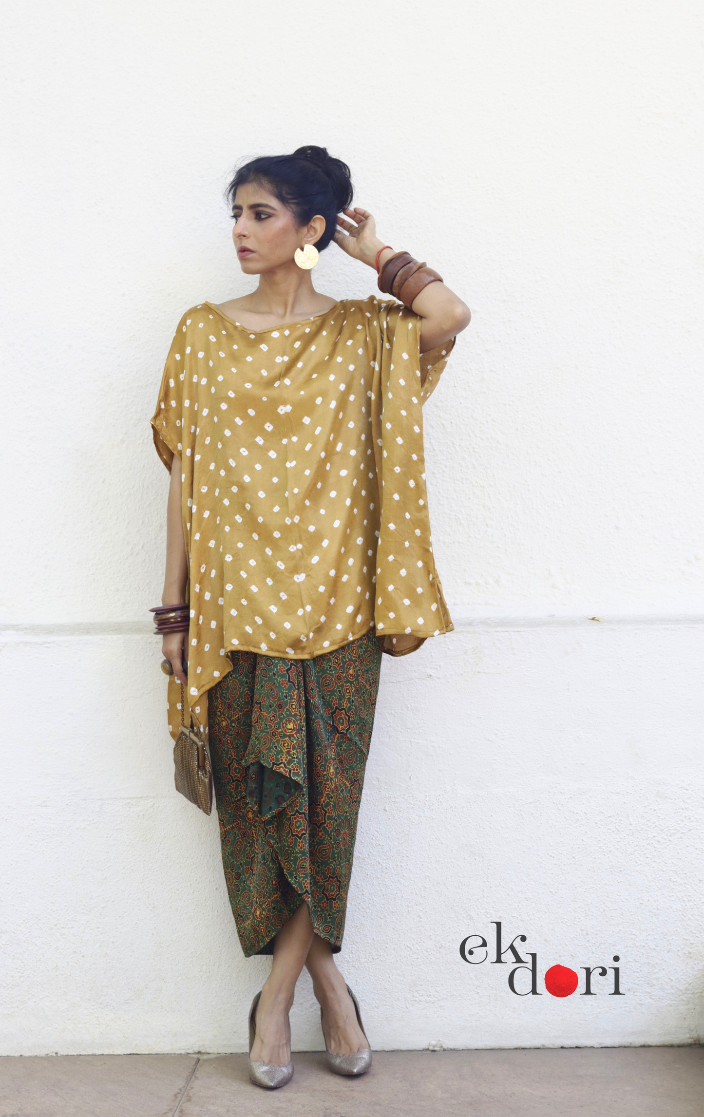Ajrakh & Bandhani Modal Co-ord Skirt Set 'Green Grass' : 2 Piece Skirt & Bandhani Top Set