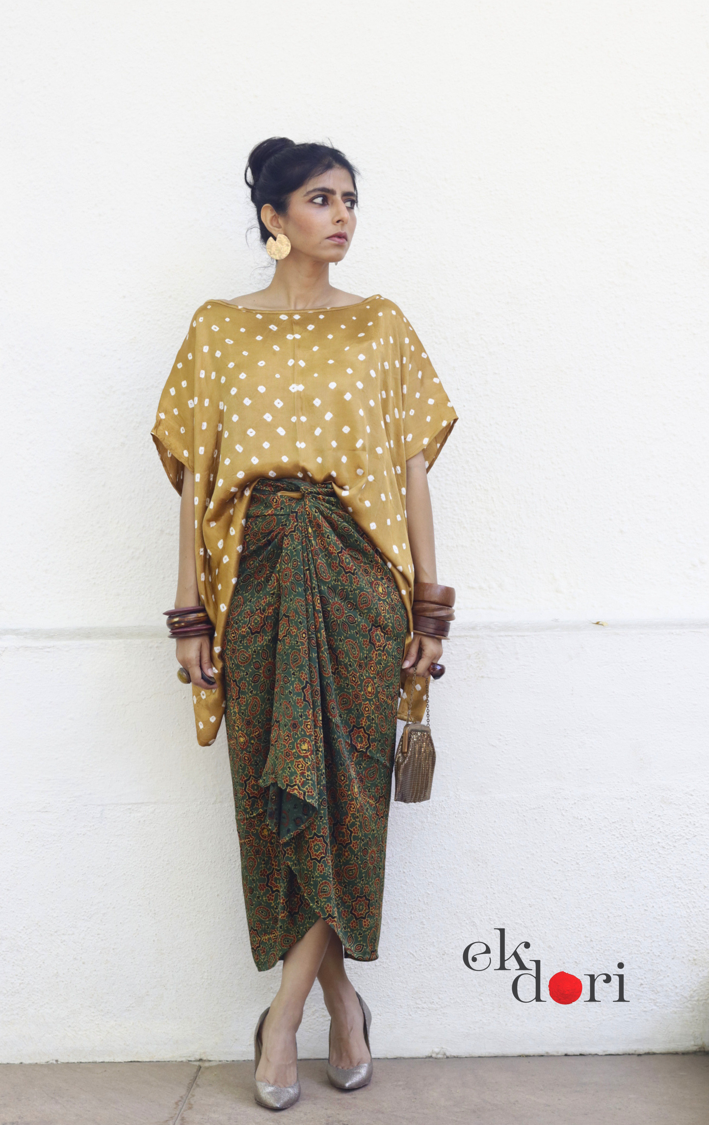 Ajrakh & Bandhani Modal Co-ord Skirt Set 'Green Grass' : 2 Piece Skirt & Bandhani Top Set