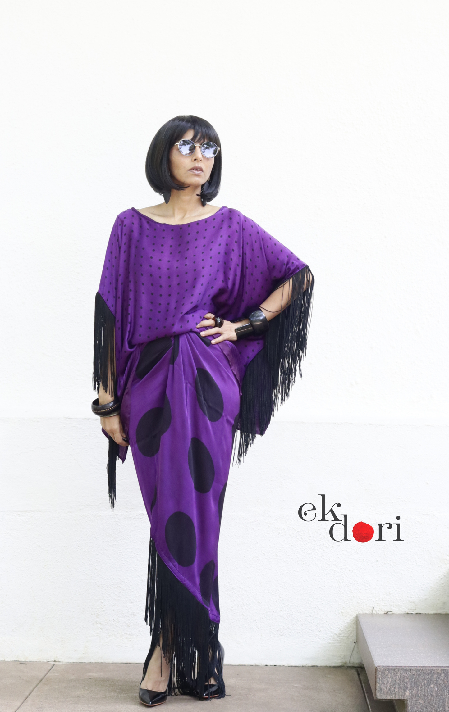 Ajrakh Modal Drape Top Fringe Skirt Co-ord Set in Purple &amp; Black | 'Indigo Disco' | Ek Dori