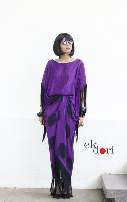 Ajrakh Modal Drape Top Fringe Skirt Co-ord Set in Purple &amp; Black | 'Indigo Disco' | Ek Dori