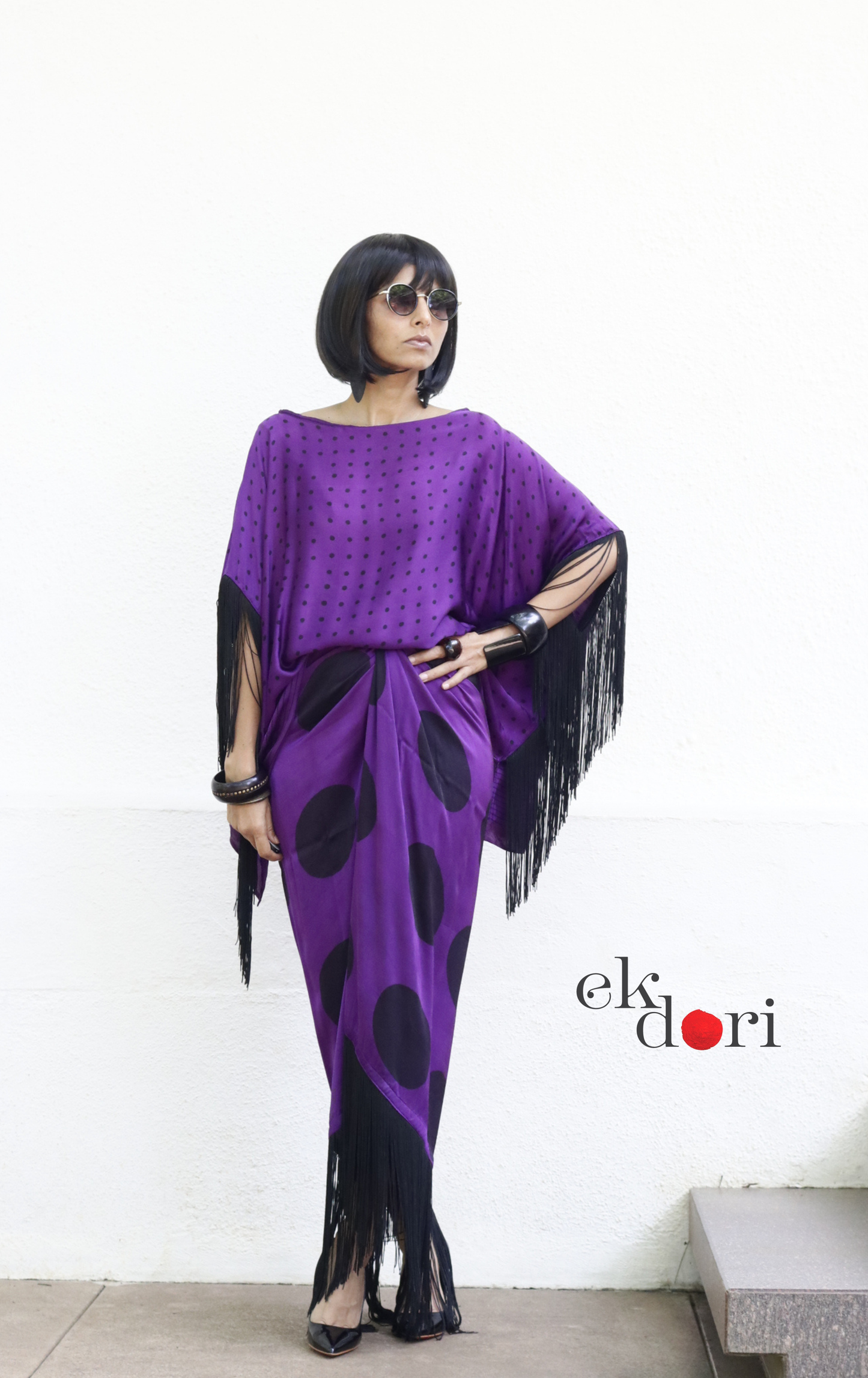 Ajrakh Modal Drape Top Fringe Skirt Co-ord Set in Purple &amp; Black | 'Indigo Disco' | Ek Dori