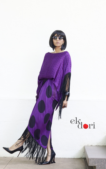 Ajrakh Modal Drape Top Fringe Skirt Co-ord Set in Purple &amp; Black | 'Indigo Disco' | Ek Dori