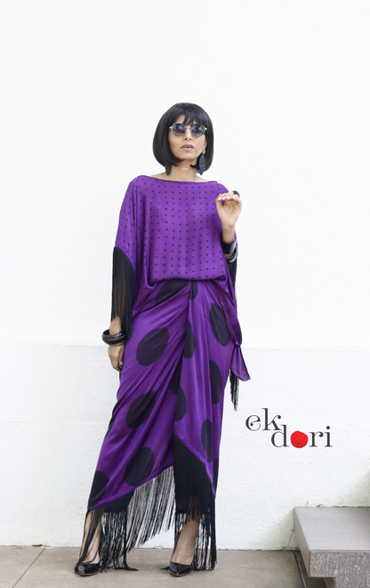 Ajrakh Modal Drape Top Fringe Skirt Co-ord Set in Purple &amp; Black | 'Indigo Disco' | Ek Dori