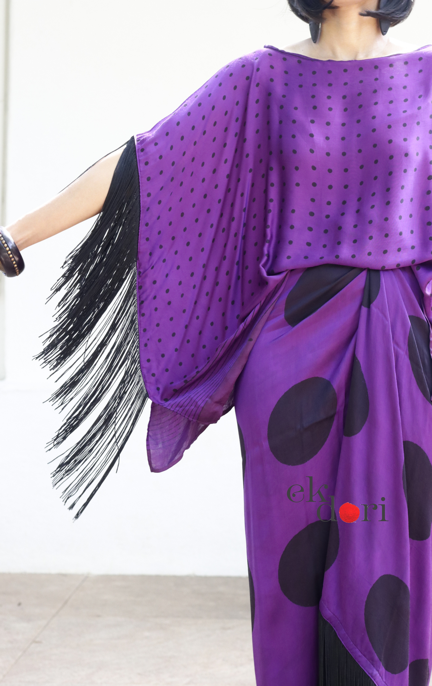 Ajrakh Modal Drape Top Fringe Skirt Co-ord Set in Purple &amp; Black | 'Indigo Disco' | Ek Dori