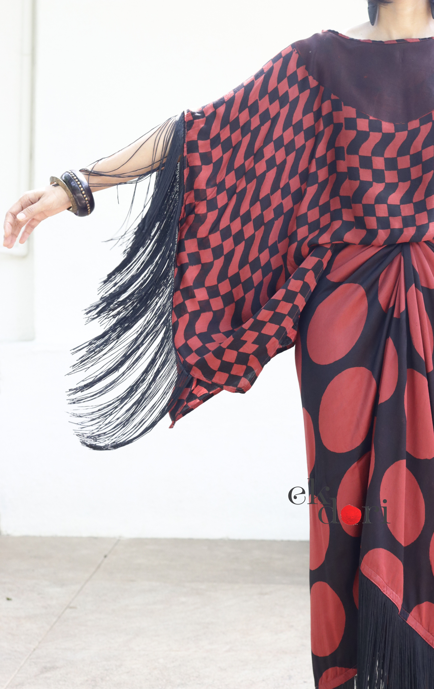 Ajrakh Modal Drape Top & Fringe Skirt Co-ord Set in Purple &amp; Black | 'Disco Dance' | Ek Dori