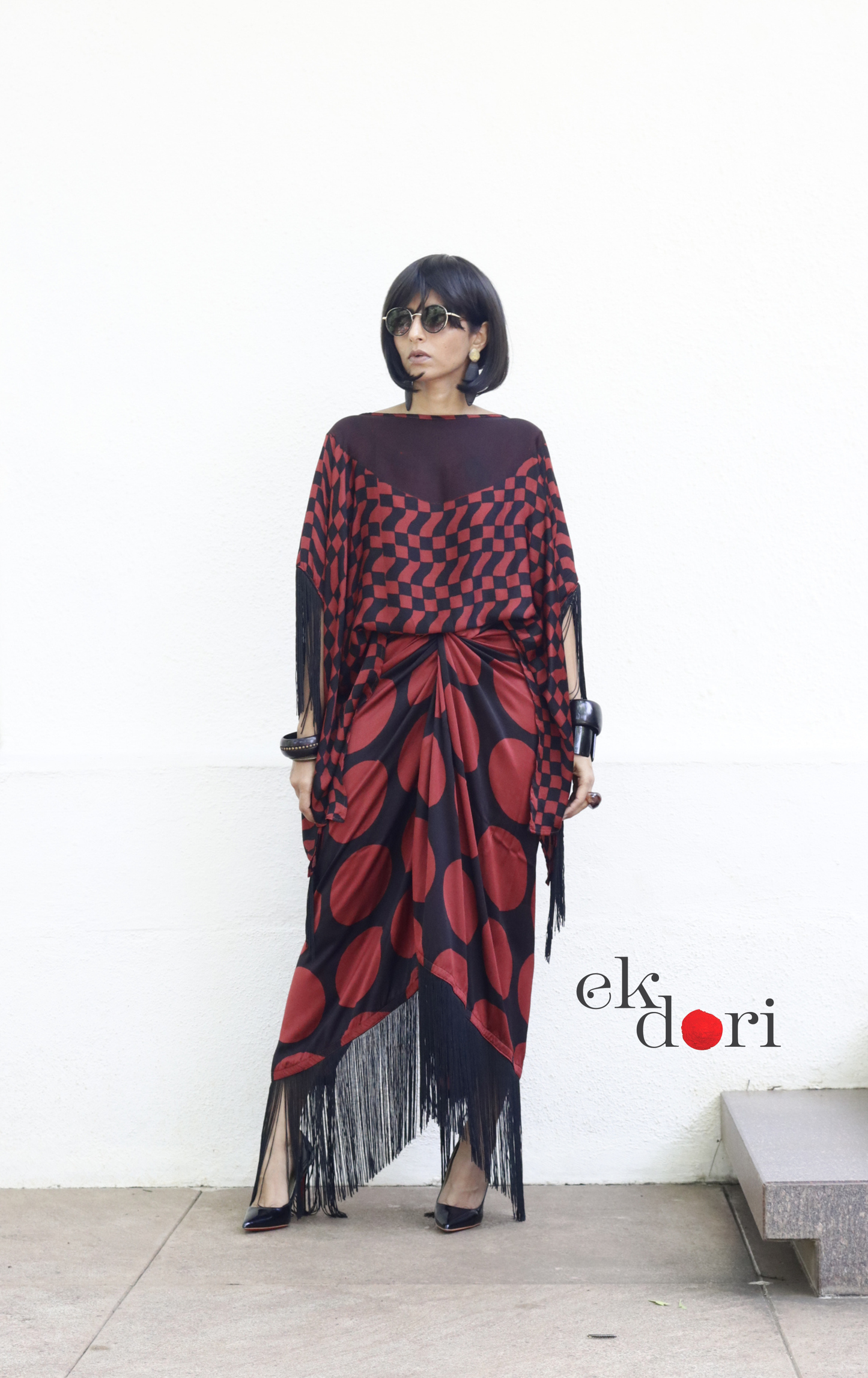Ajrakh Modal Drape Top & Fringe Skirt Co-ord Set in Purple &amp; Black | 'Disco Dance' | Ek Dori