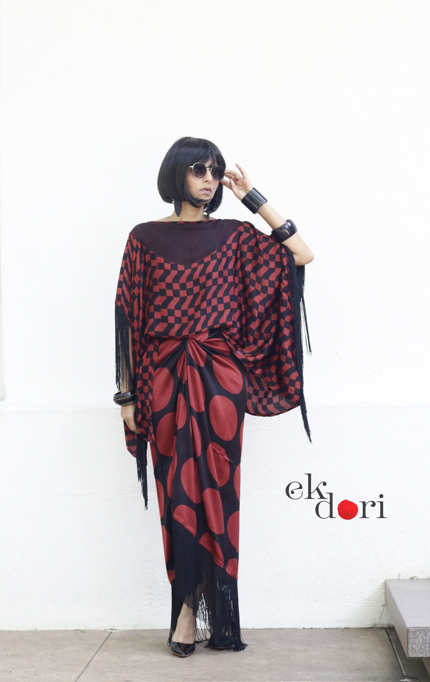 Ajrakh Modal Drape Top & Fringe Skirt Co-ord Set in Purple &amp; Black | 'Disco Dance' | Ek Dori