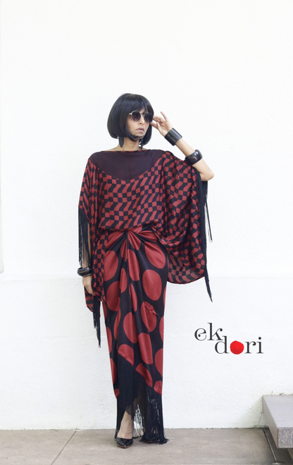 Ajrakh Modal Drape Top & Fringe Skirt Co-ord Set in Purple &amp; Black | 'Disco Dance' | Ek Dori
