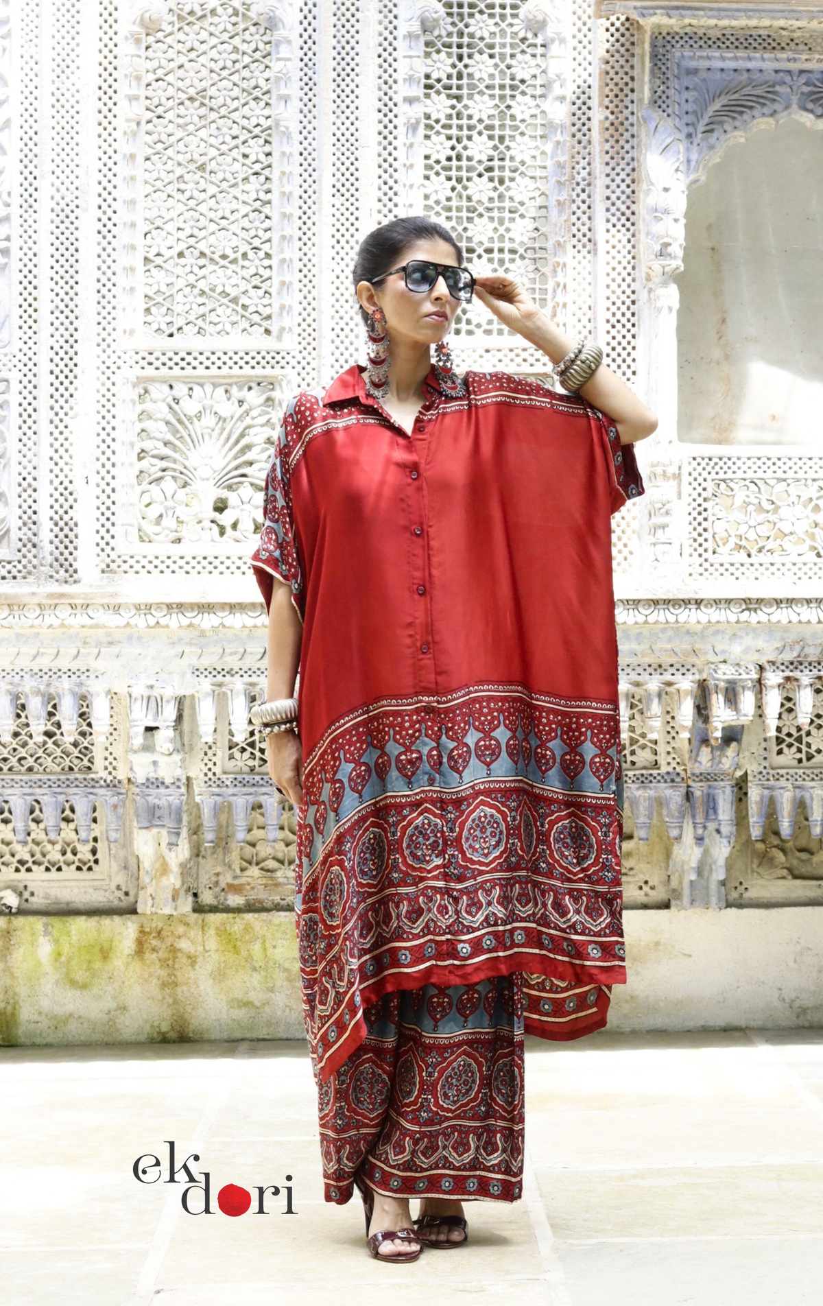 Ajrakh Kaftan Kurta Dress 'Mehfil' : Modal Ajrakh Hand Block Kaftan Kurta & Palazzo Set