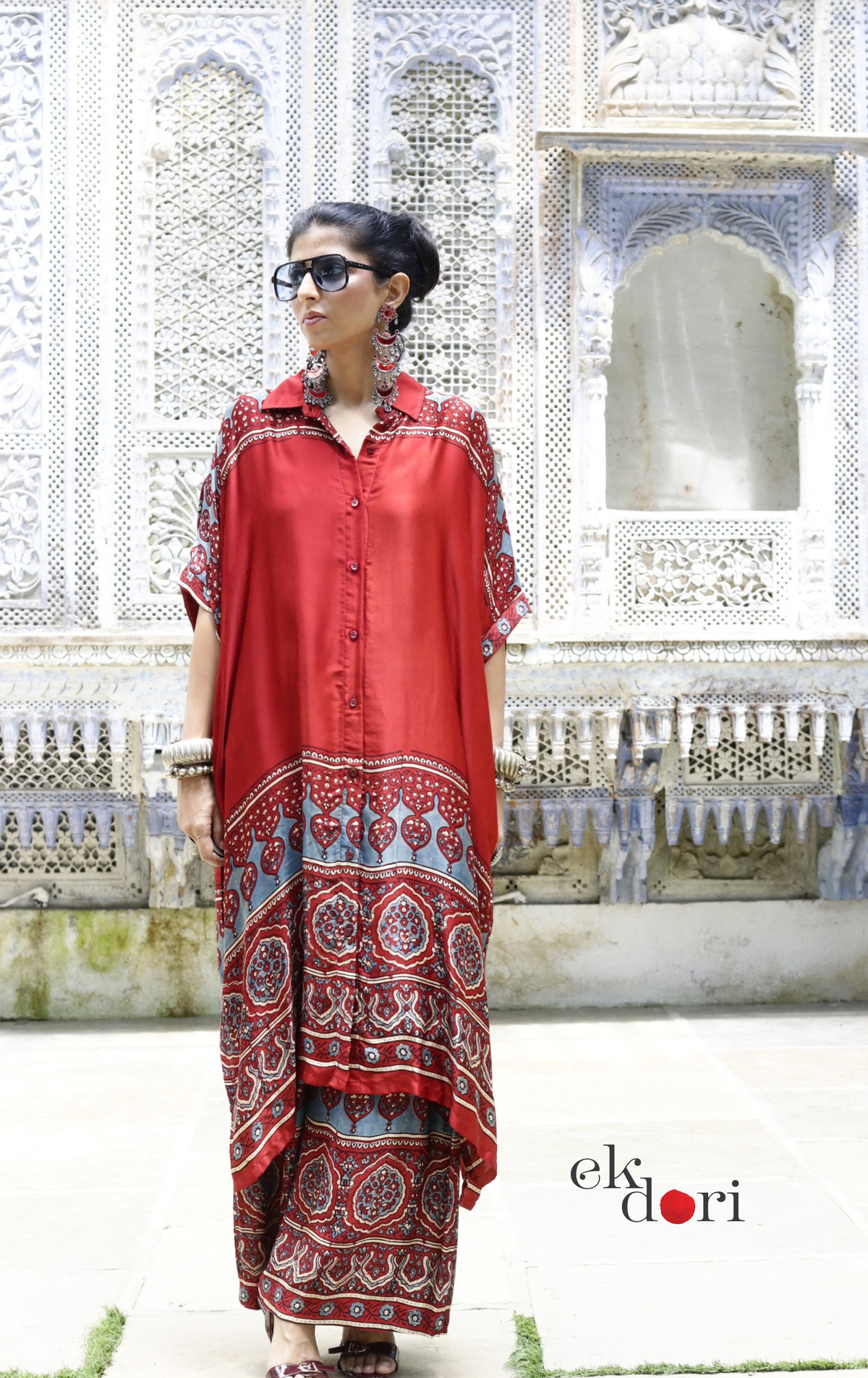 Ajrakh Kaftan Kurta Dress 'Mehfil' : Modal Ajrakh Hand Block Kaftan Kurta & Palazzo Set