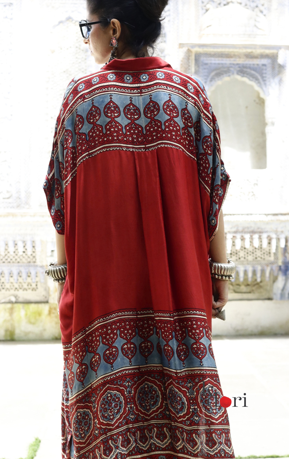 Ajrakh Kaftan Kurta Dress 'Mehfil' : Modal Ajrakh Hand Block Kaftan Kurta & Palazzo Set