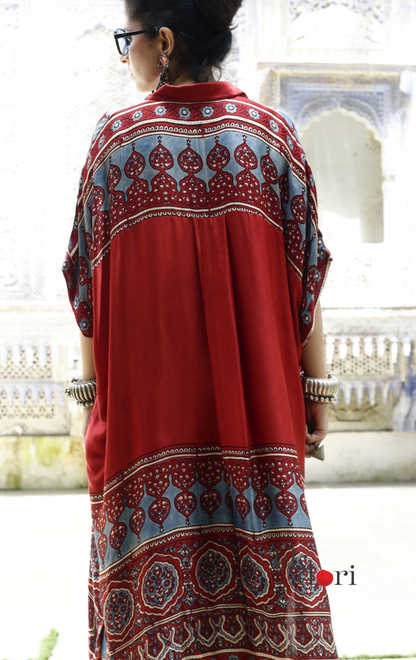 Ajrakh Kaftan Kurta Dress 'Mehfil' : Modal Ajrakh Hand Block Kaftan Kurta & Palazzo Set