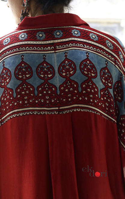 Ajrakh Kaftan Kurta Dress 'Mehfil' : Modal Ajrakh Hand Block Kaftan Kurta & Palazzo Set