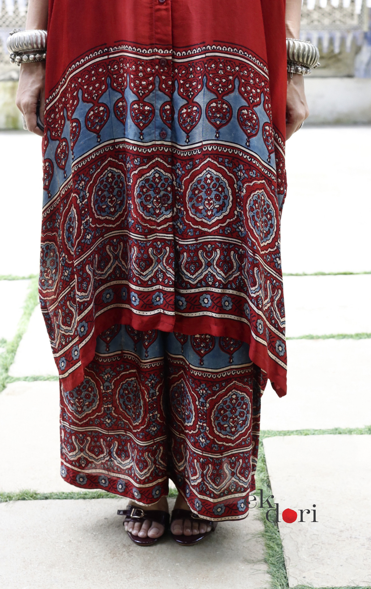Ajrakh Kaftan Kurta Dress 'Mehfil' : Modal Ajrakh Hand Block Kaftan Kurta & Palazzo Set
