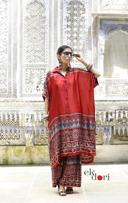 Ajrakh Kaftan Kurta Dress 'Mehfil' : Modal Ajrakh Hand Block Kaftan Kurta & Palazzo Set