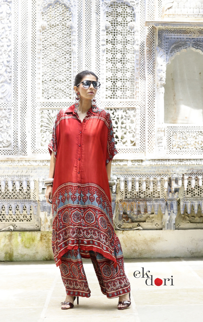 Ajrakh Kaftan Kurta Dress 'Mehfil' : Modal Ajrakh Hand Block Kaftan Kurta & Palazzo Set