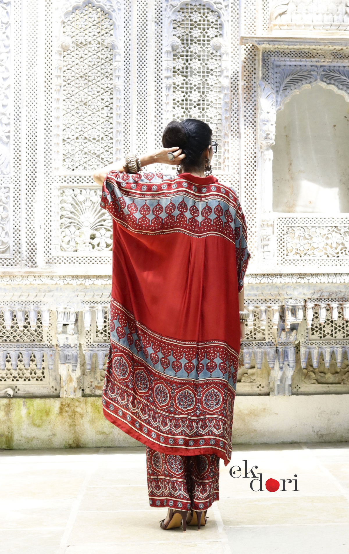 Ajrakh Kaftan Kurta Dress 'Mehfil' : Modal Ajrakh Hand Block Kaftan Kurta & Palazzo Set