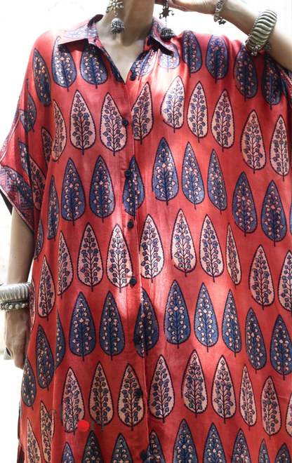 Ajrakh Kaftan Kurta Dress 'Gulzaar' : Modal Ajrakh Hand Block Kaftan Kurta & Palazzo Set