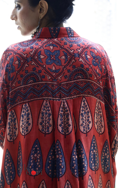 Ajrakh Kaftan Kurta Dress 'Gulzaar' : Modal Ajrakh Hand Block Kaftan Kurta & Palazzo Set
