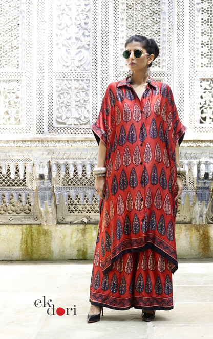 Ajrakh Kaftan Kurta Dress 'Gulzaar' : Modal Ajrakh Hand Block Kaftan Kurta & Palazzo Set