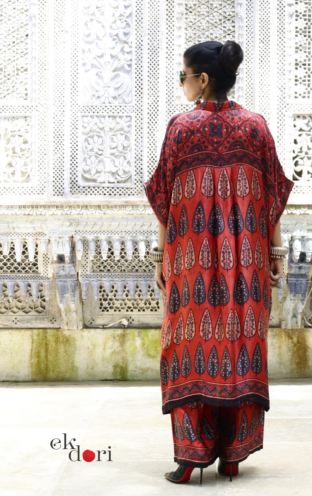Ajrakh Kaftan Kurta Dress 'Gulzaar' : Modal Ajrakh Hand Block Kaftan Kurta & Palazzo Set