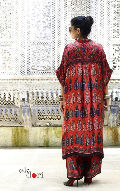 Ajrakh Kaftan Kurta Dress 'Gulzaar' : Modal Ajrakh Hand Block Kaftan Kurta & Palazzo Set