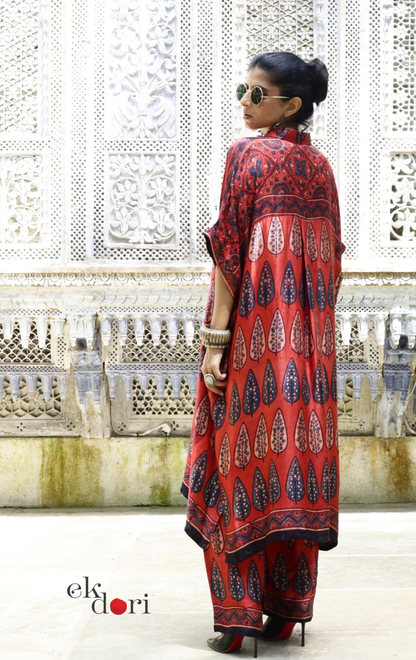 Ajrakh Kaftan Kurta Dress 'Gulzaar' : Modal Ajrakh Hand Block Kaftan Kurta & Palazzo Set