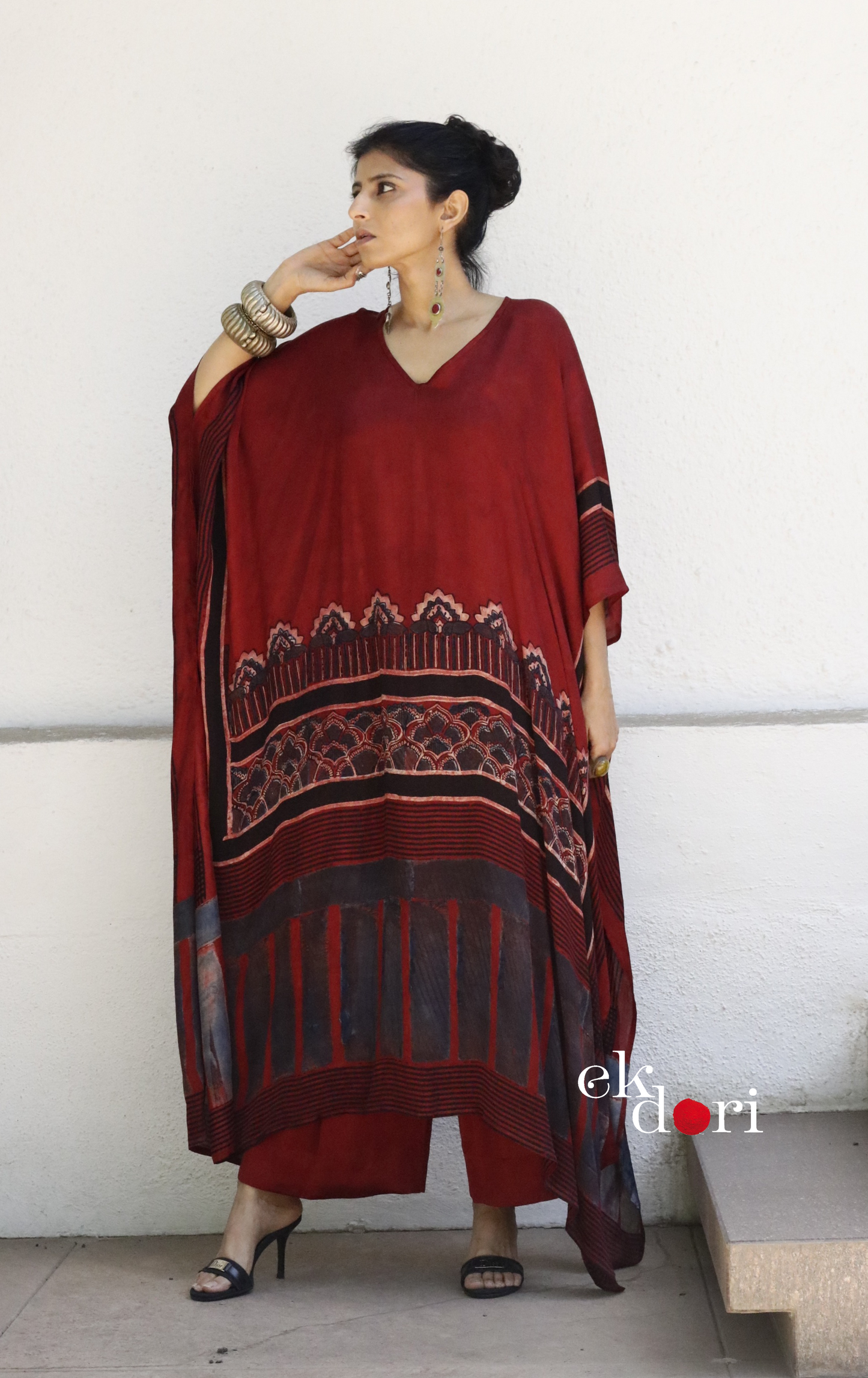 Ajrakh Kaftan Kurta Palazzo Set 'Marooned' : Modal Ajrakh Hand Block Kaftan Kurta Palazzo Set