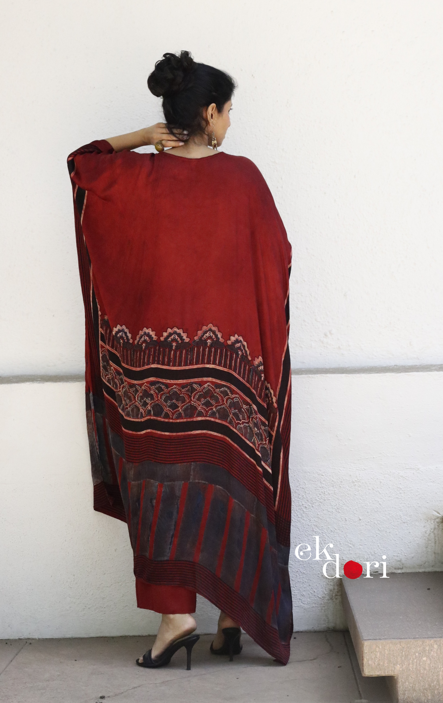 Ajrakh Kaftan Kurta Palazzo Set 'Marooned' : Modal Ajrakh Hand Block Kaftan Kurta Palazzo Set