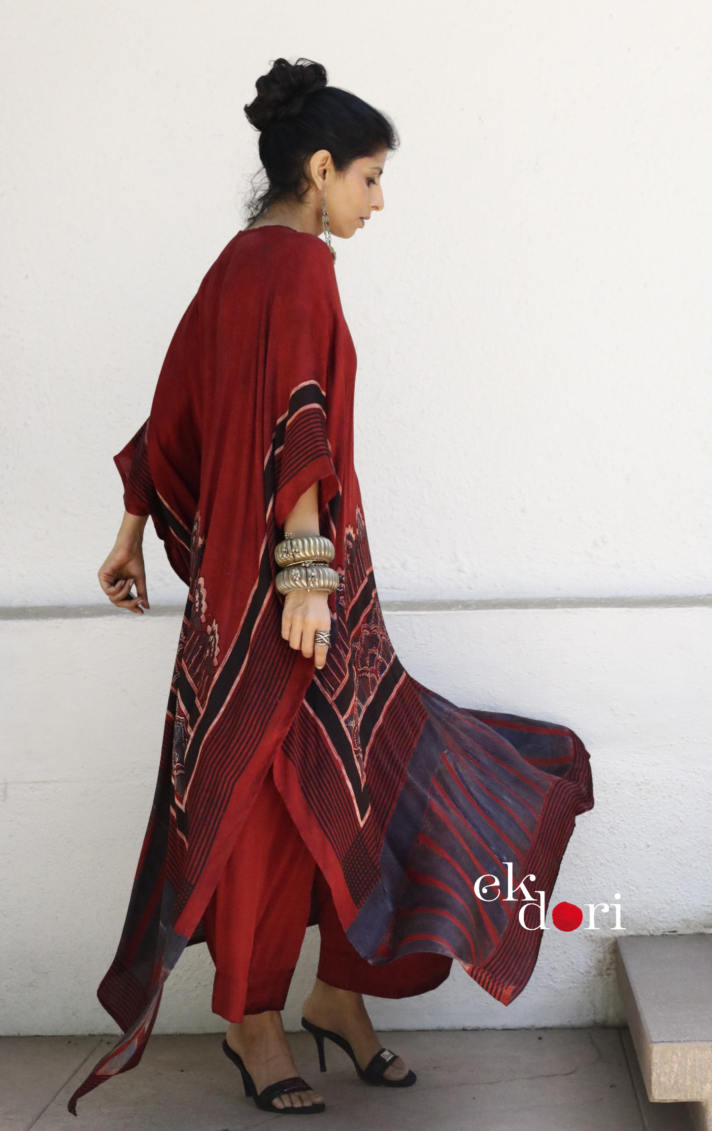 Ajrakh Kaftan Kurta Palazzo Set 'Marooned' : Modal Ajrakh Hand Block Kaftan Kurta Palazzo Set