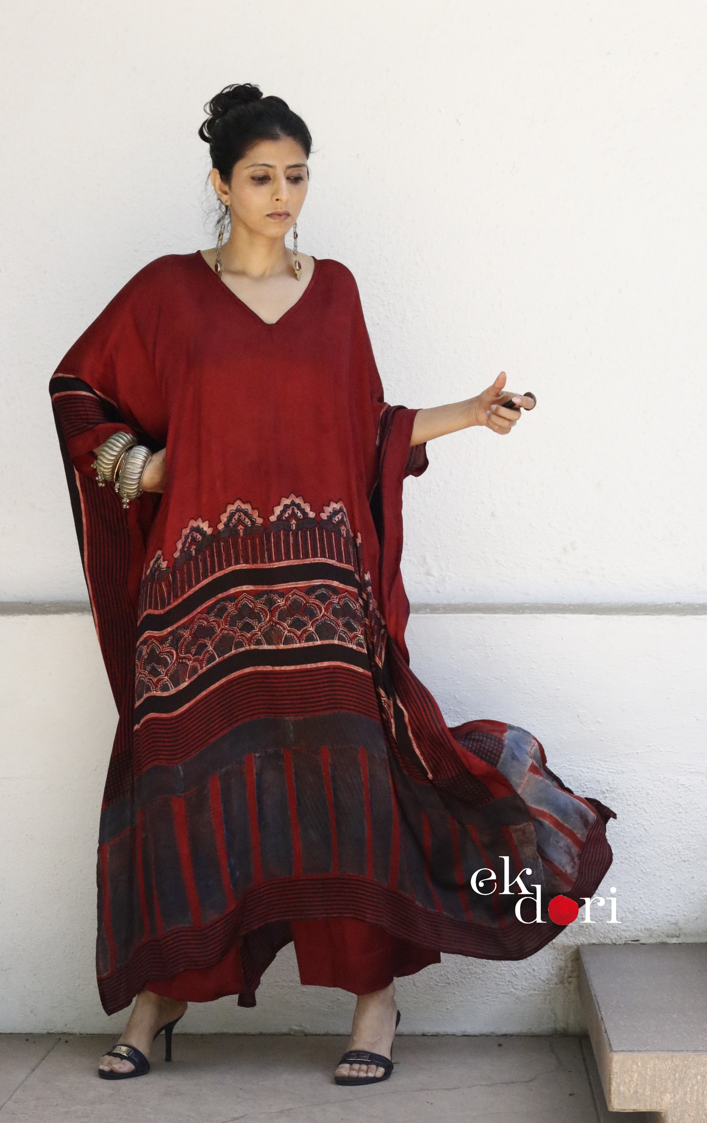 Ajrakh Kaftan Kurta Palazzo Set 'Marooned' : Modal Ajrakh Hand Block Kaftan Kurta Palazzo Set