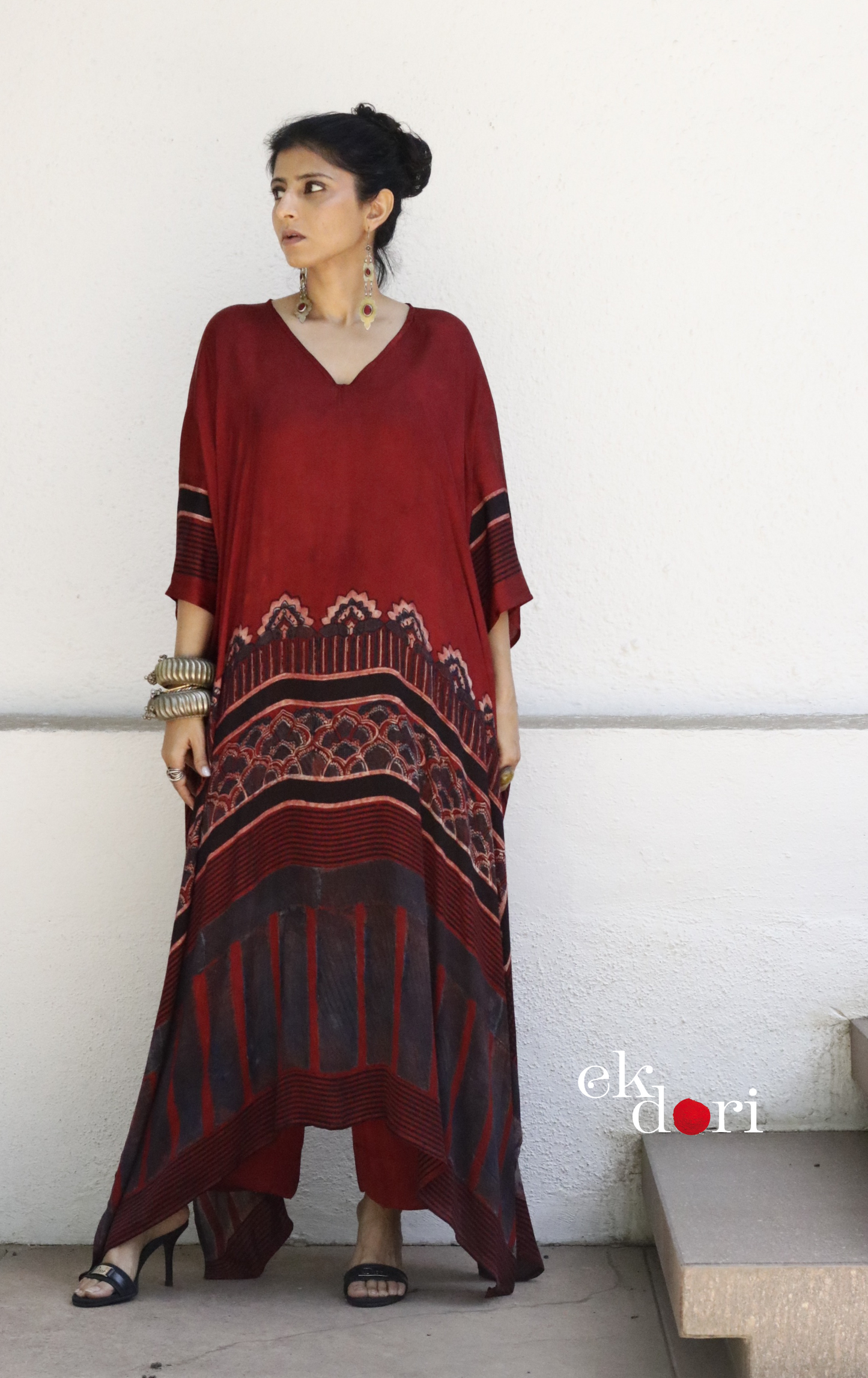 Ajrakh Kaftan Kurta Palazzo Set 'Marooned' : Modal Ajrakh Hand Block Kaftan Kurta Palazzo Set